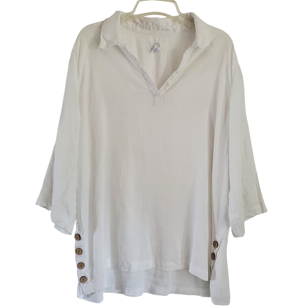 Sigrid Olsen Popover Top Linen 1X White Lagenlook Minimalist Beachy Coastal READ